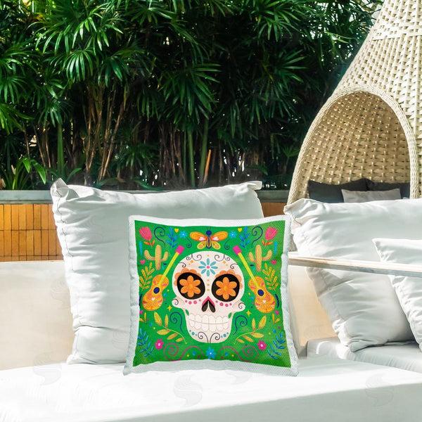 Stupell Industries Nicole DeCamp | Green Day Of Dead Patterned Skull Printed Throw Pillow