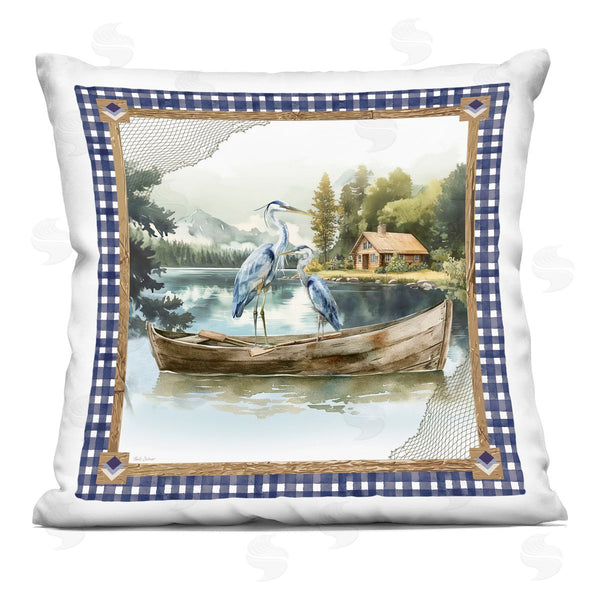 stupell industries Nicole DeCamp | Herons on Boat with Tartan Printed Throw Pillow