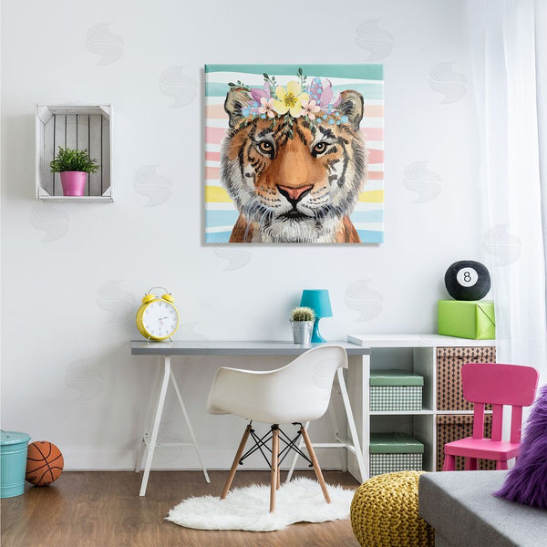 Stupell Industries Nicole DeCamp | Jungle Tiger Chic Purple Yellow Floral Crown Stripes Wall Art