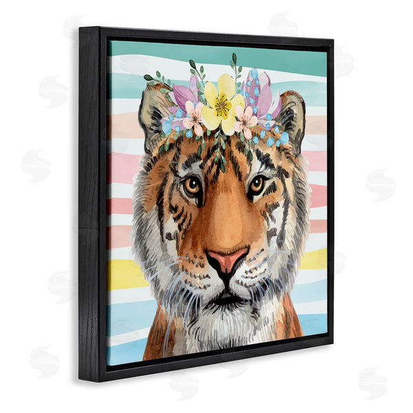 Stupell Industries Nicole DeCamp | Jungle Tiger Chic Purple Yellow Floral Crown Stripes Wall Art