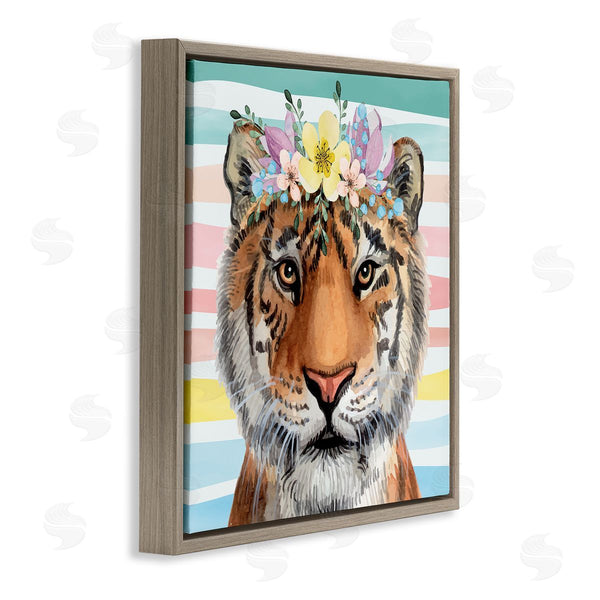 Stupell Industries Nicole DeCamp | Jungle Tiger Chic Purple Yellow Floral Crown Stripes Wall Art