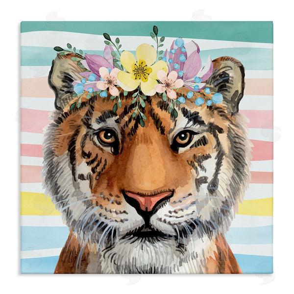 stupell industries Nicole DeCamp | Jungle Tiger Chic Purple Yellow Floral Crown Stripes Wall Art