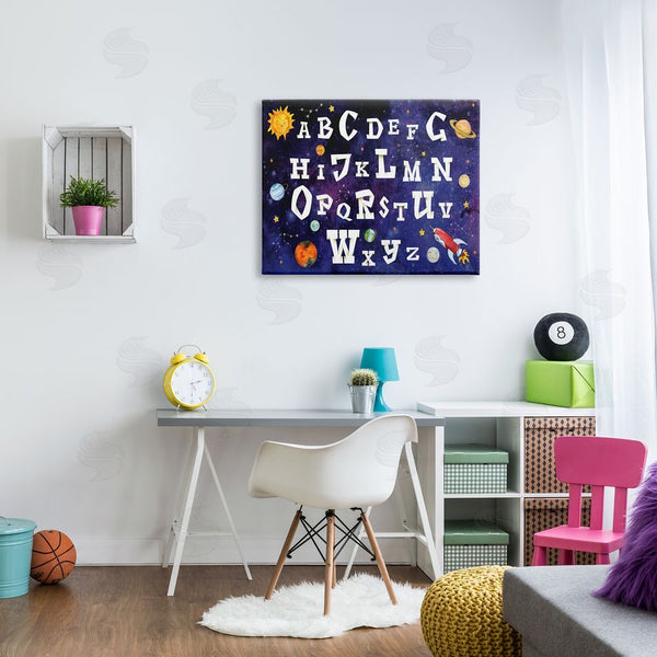 Stupell Industries Nicole DeCamp | Milky Way Galaxy Alphabet Letter Chart Rocketship Planets Wall Art