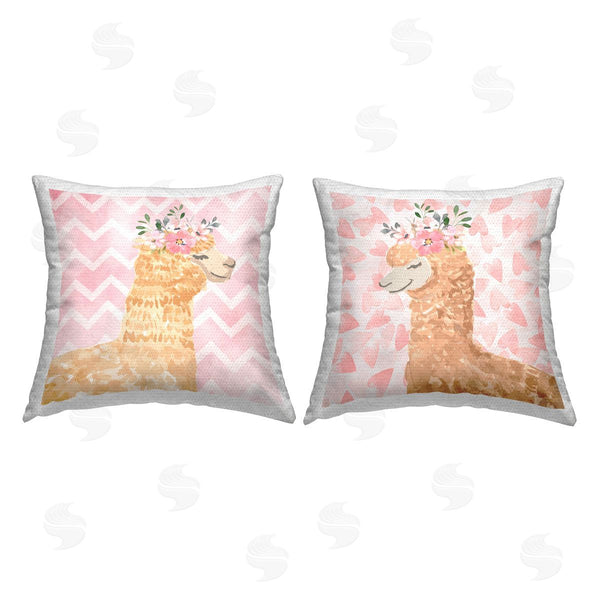 Stupell Industries Nicole DeCamp | Pastel Patterned Alpaca Pink Floral Crown Printed Throw Pillow Set