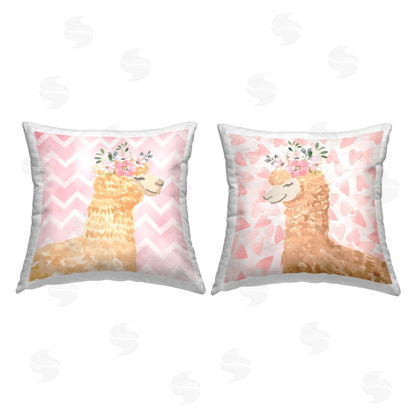 stupell industries Nicole DeCamp | Pastel Patterned Alpaca Pink Floral Crown Printed Throw Pillow Set