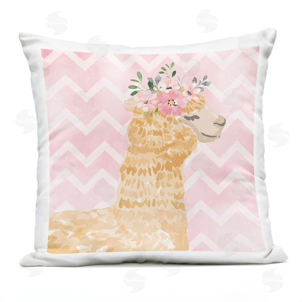 Stupell Industries Nicole DeCamp | Smiling Alpaca Flower Crown Pink Chevron Pattern Printed Throw Pillow