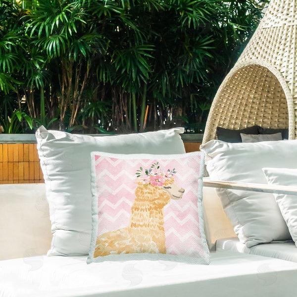 Stupell Industries Nicole DeCamp | Smiling Alpaca Flower Crown Pink Chevron Pattern Printed Throw Pillow