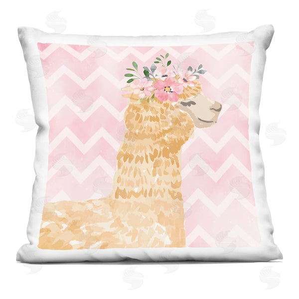 stupell industries Nicole DeCamp | Smiling Alpaca Flower Crown Pink Chevron Pattern Printed Throw Pillow