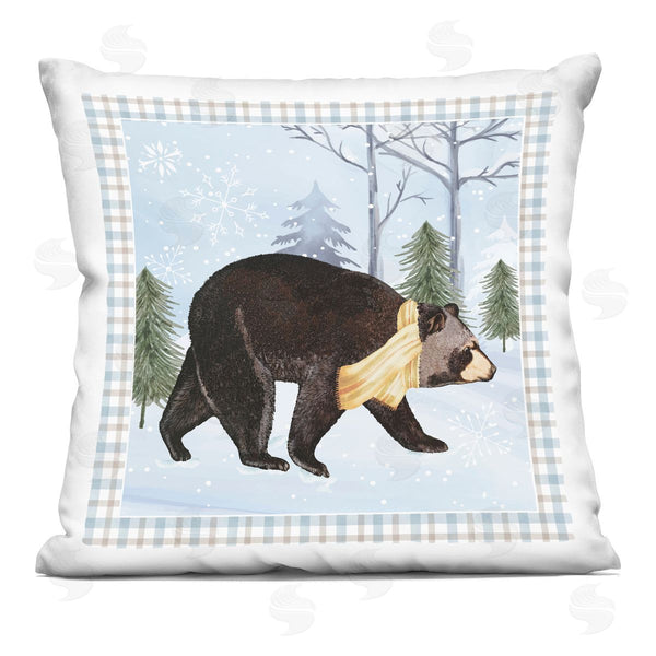 stupell industries Nicole DeCamp | Snowy Bear Blue Tartan Border Printed Throw Pillow
