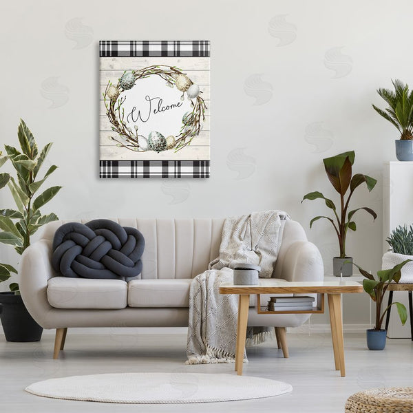Stupell Industries Nicole DeCamp | Spring Speckled Robin Egg Welcome Wreath Patchwork Plaid Wall Art