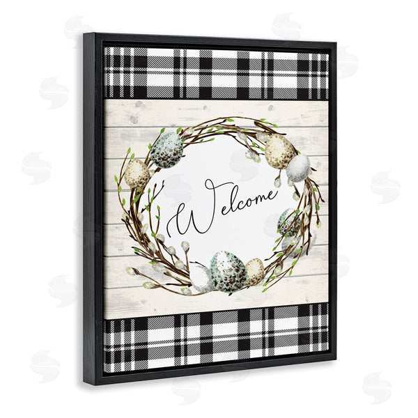 Stupell Industries Nicole DeCamp | Spring Speckled Robin Egg Welcome Wreath Patchwork Plaid Wall Art