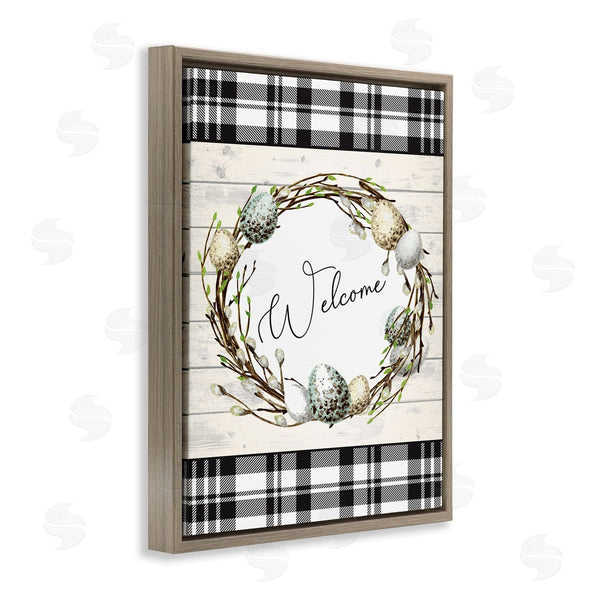 Stupell Industries Nicole DeCamp | Spring Speckled Robin Egg Welcome Wreath Patchwork Plaid Wall Art