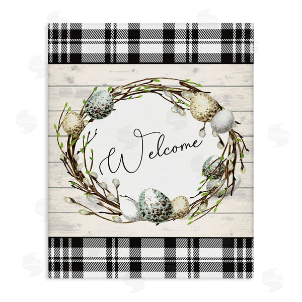 stupell industries Nicole DeCamp | Spring Speckled Robin Egg Welcome Wreath Patchwork Plaid Wall Art