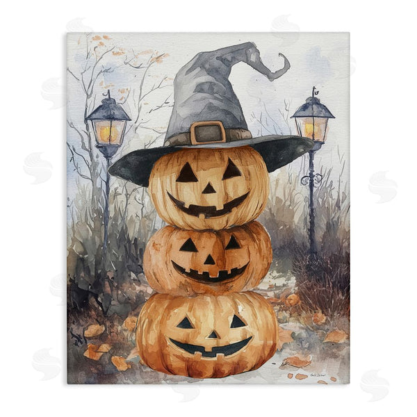 stupell industries Nicole DeCamp | Stacked Jack-o-Lanterns with Witch Hat