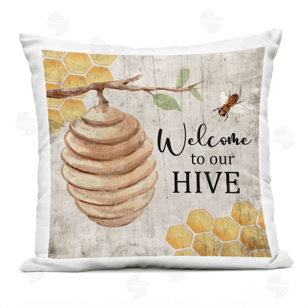 Stupell Industries Nicole DeCamp | Welcome To Our Hive Honeycomb Shapes Printed Throw Pillow
