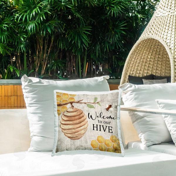 Stupell Industries Nicole DeCamp | Welcome To Our Hive Honeycomb Shapes Printed Throw Pillow