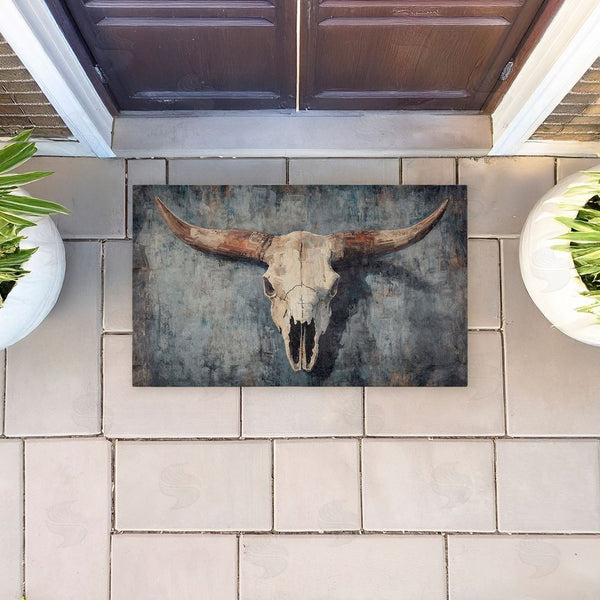 Stupell Industries Nina Blue | Dark Vintage Cow Skull Non-Woven Door Mat