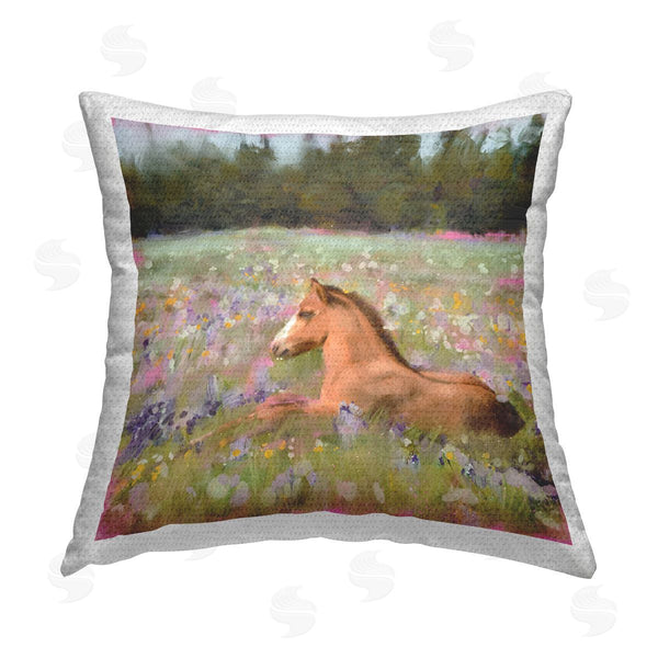 Stupell Industries Nina Blue | Horse Relaxing Wildflower Meadow Printed Throw Pillow