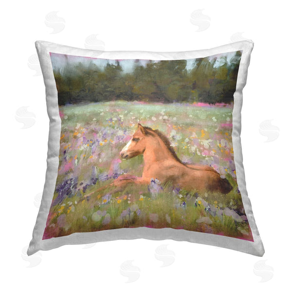 stupell industries Nina Blue | Horse Relaxing Wildflower Meadow Printed Throw Pillow