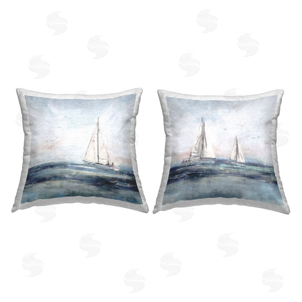 Stupell Industries Nina Blue | Tranquil White Sailboats Nautical Ocean Waves Printed Throw Pillow Set