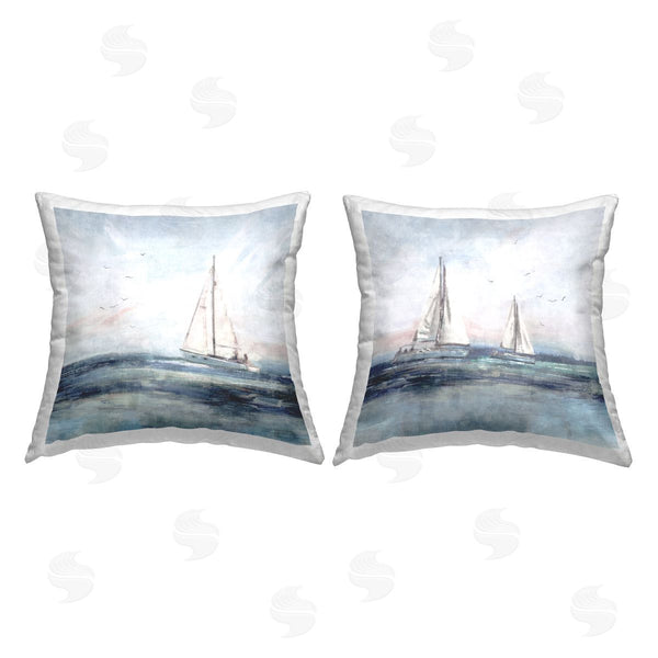 stupell industries Nina Blue | Tranquil White Sailboats Nautical Ocean Waves Printed Throw Pillow Set