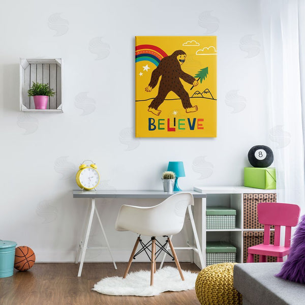 Stupell Industries Nina Seven | Whimsical Believe Phrase Happy Smiling Big Foot Wall Art