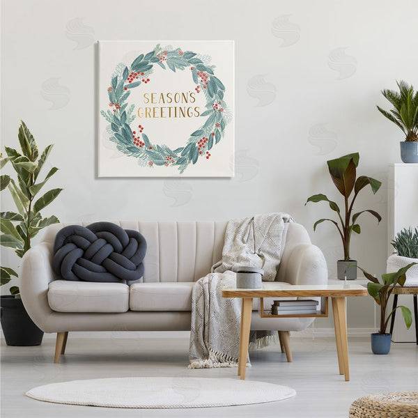 Stupell Industries Nina Seven | Winter Foliage Red Holly Wreath Season's Greetings Typography Wall Art