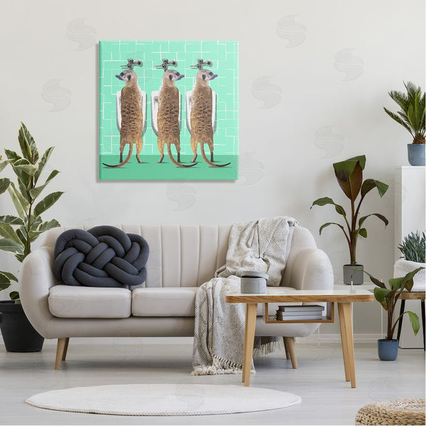 Stupell Industries Noah Bay | Funny Meerkats Using Urinal Toilet Green Shapes Pattern Wall Art