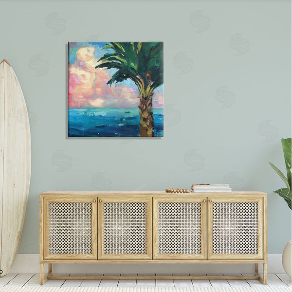 Stupell Industries Page Pearson Railsback | Bold Beach Horizon Palm Tree Pink Sunlit Clouds Wall Art