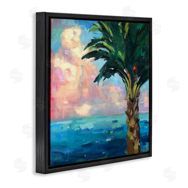 Stupell Industries Page Pearson Railsback | Bold Beach Horizon Palm Tree Pink Sunlit Clouds Wall Art