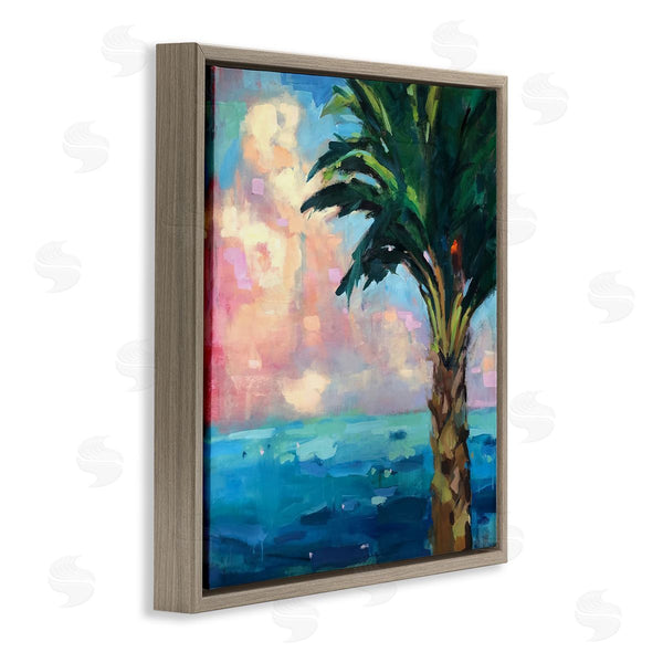 Stupell Industries Page Pearson Railsback | Bold Beach Horizon Palm Tree Pink Sunlit Clouds Wall Art