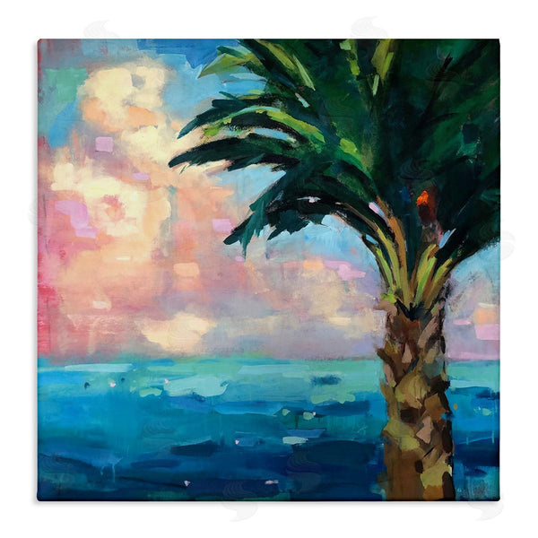 stupell industries Page Pearson Railsback | Bold Beach Horizon Palm Tree Pink Sunlit Clouds Wall Art