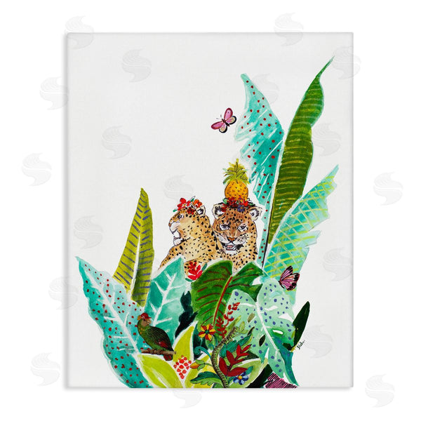 stupell industries Patricia Pinto | Tropical Jungle Cats Behind Abstract Pattern Palms Butterfly Wall Art