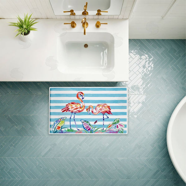 Stupell Industries Paul Brent | Brushstroke Flamingos On Stripes Plush Bath Mat