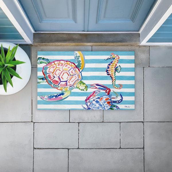 Stupell Industries Paul Brent | Brushstroke Sea Life On Stripes Non-Woven Door Mat