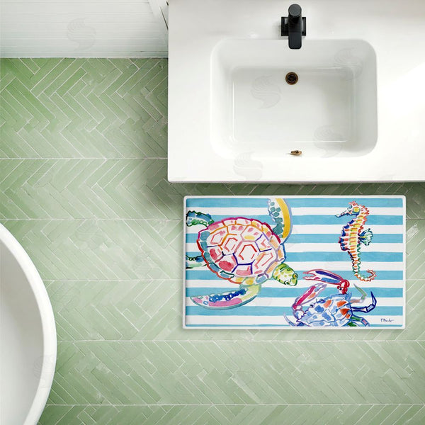 Stupell Industries Paul Brent | Brushstroke Sea Life On Stripes Plush Bath Mat