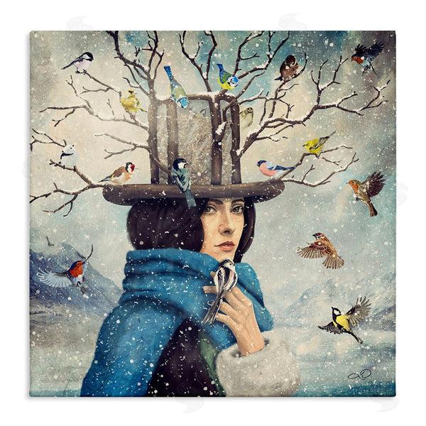 stupell industries Paula Belle Flores | Birds Flocking Tree Hat Blue Scarf Winter Snow Wall Art