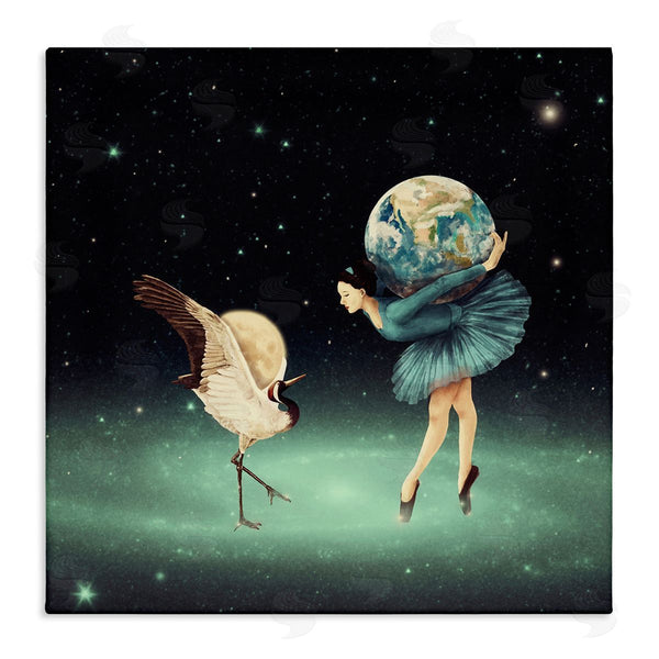 stupell industries Paula Belle Flores | Crane Bird Ballerina Holding Earth Moon Starry Nebula Wall Art