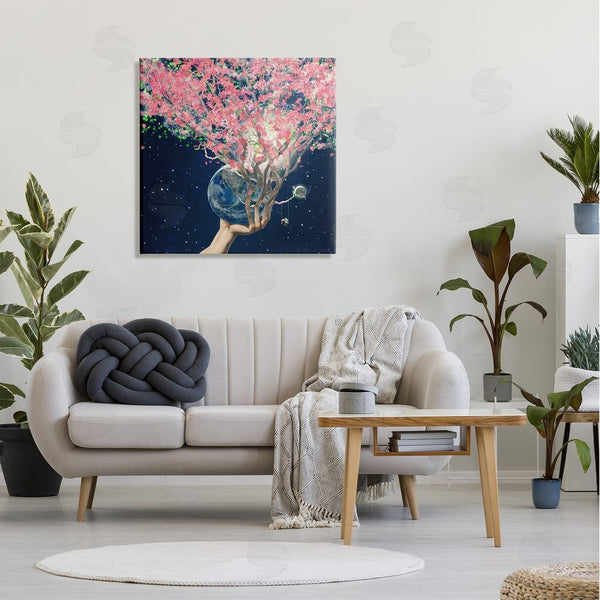 Stupell Industries Paula Belle Flores | Hand Holding Earth Blossoms Surreal Planet Lunar Starry Night Wall Art