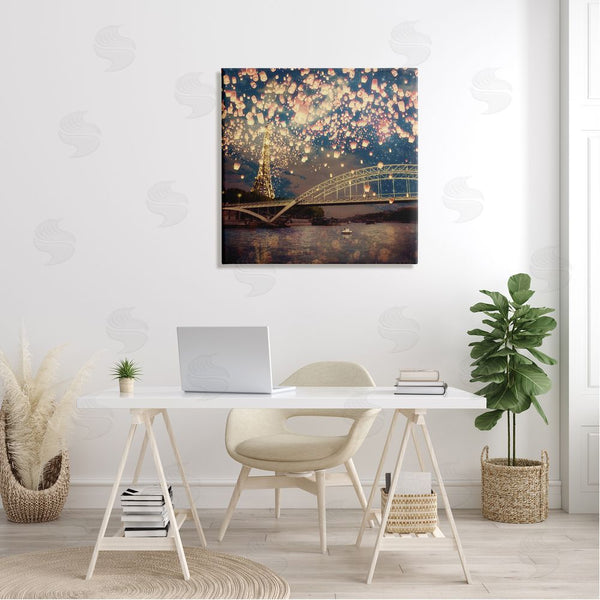 Stupell Industries Paula Belle Flores | Luminous Lanterns Parisian City Skyline Modern Bridge Wall Art
