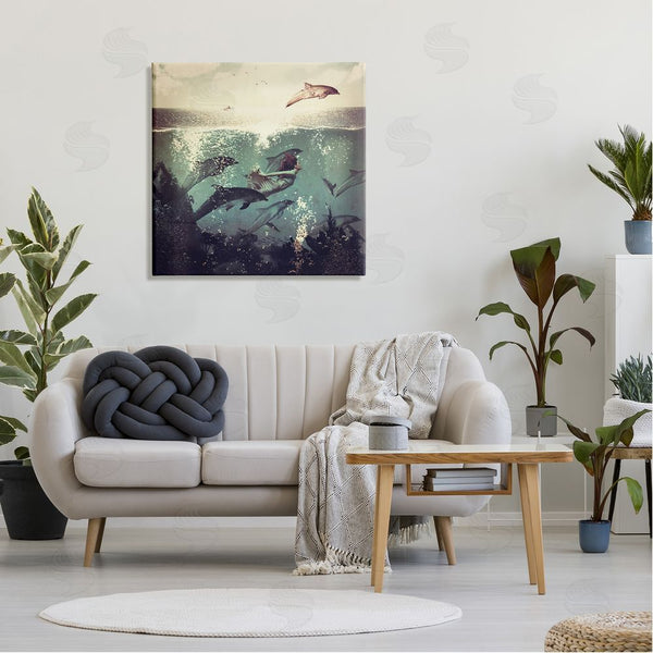 Stupell Industries Paula Belle Flores | Sea Life Mermaid Dolphins Splashing Diving Ocean Water Wall Art
