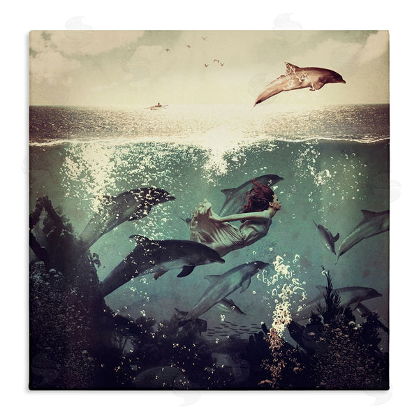 stupell industries Paula Belle Flores | Sea Life Mermaid Dolphins Splashing Diving Ocean Water Wall Art