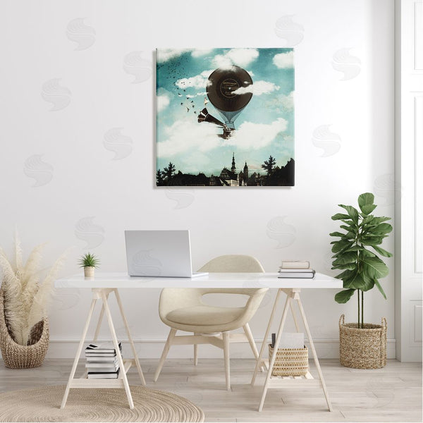 Stupell Industries Paula Belle Flores | Serene Gramophone Flying Birds Clouds City Buildings Wall Art