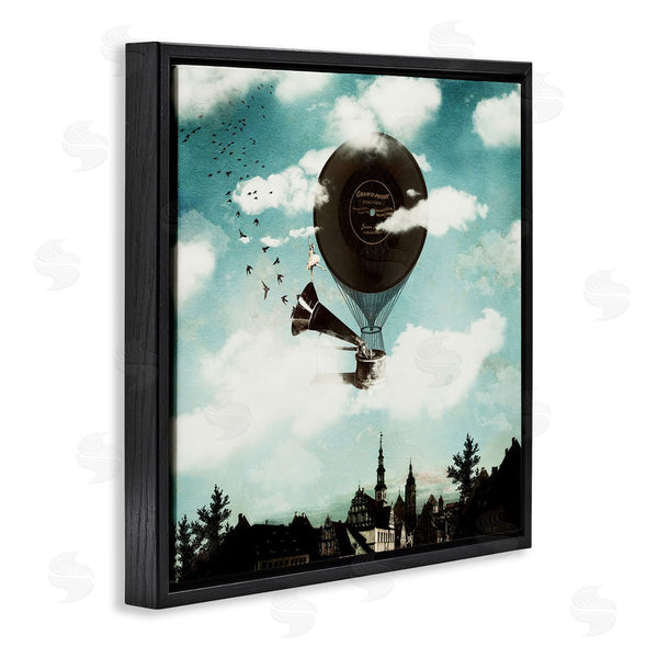 Stupell Industries Paula Belle Flores | Serene Gramophone Flying Birds Clouds City Buildings Wall Art