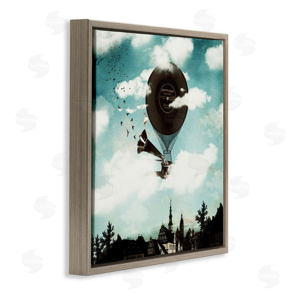 Stupell Industries Paula Belle Flores | Serene Gramophone Flying Birds Clouds City Buildings Wall Art
