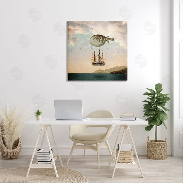 Stupell Industries Paula Belle Flores | Surreal Puffer Fish Hot Air Balloon Cloudy Lakeside Wall Art