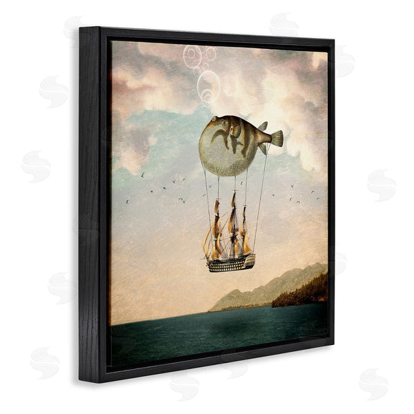Stupell Industries Paula Belle Flores | Surreal Puffer Fish Hot Air Balloon Cloudy Lakeside Wall Art