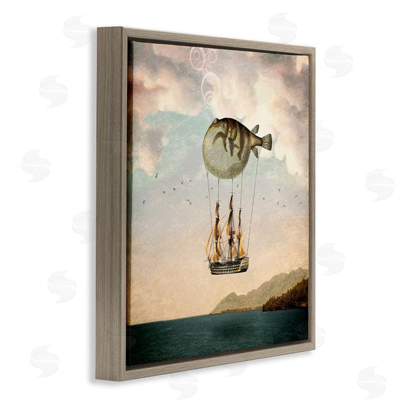 Stupell Industries Paula Belle Flores | Surreal Puffer Fish Hot Air Balloon Cloudy Lakeside Wall Art