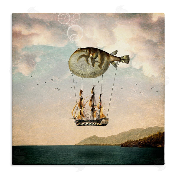 stupell industries Paula Belle Flores | Surreal Puffer Fish Hot Air Balloon Cloudy Lakeside Wall Art