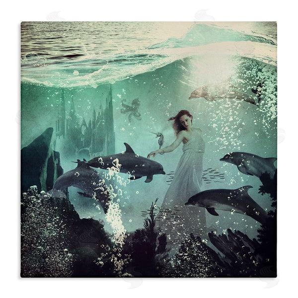stupell industries Paula Belle Flores | Surreal Woman Underwater Dolphins Splashing Bubbles Wall Art